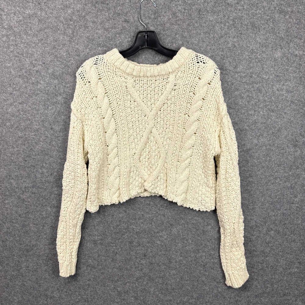 Free People Sweater Cable Knit Cropped Crossover Front Cream Cotton Boho L